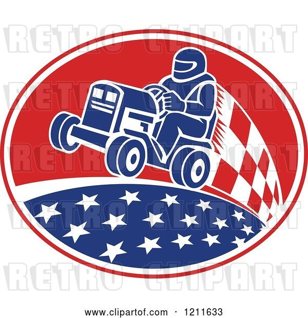 Vector Clip Art of Retro Guy Racing a Tractor in an Oval of Stars and Checkers