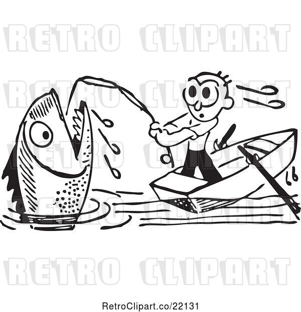 Vector Clip Art of Retro Guy Reeling in a Giant Fish