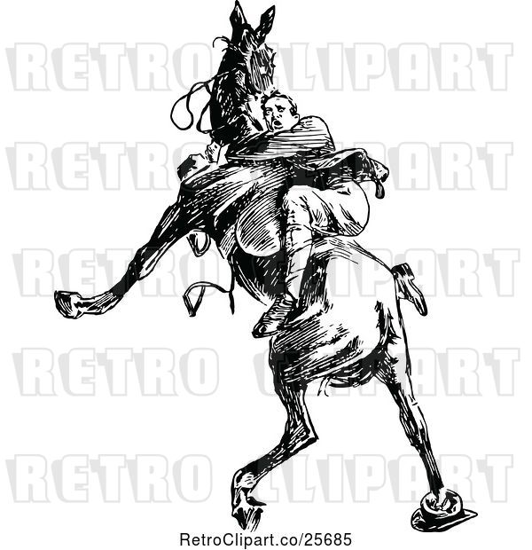 Vector Clip Art of Retro Guy Riding a Wild Horse