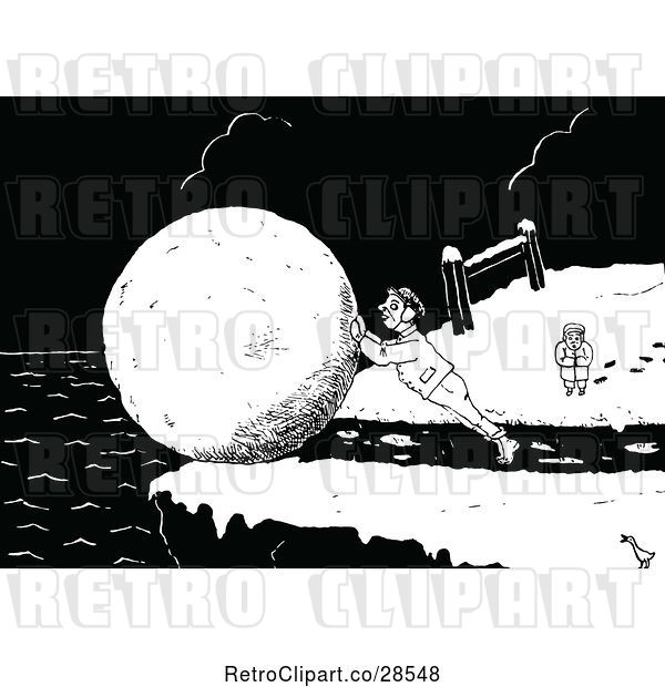 Vector Clip Art of Retro Guy Rolling a Giant Snowball