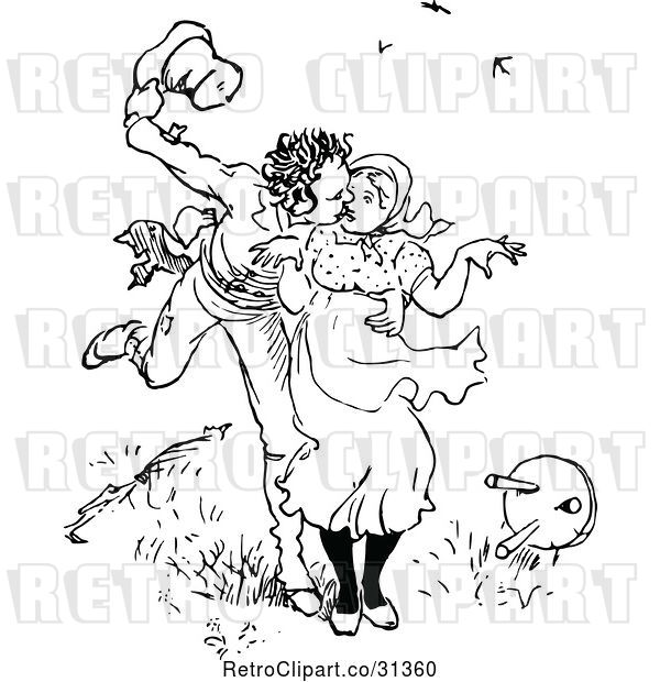 Vector Clip Art of Retro Guy Scaring a Lady and Kissing Her