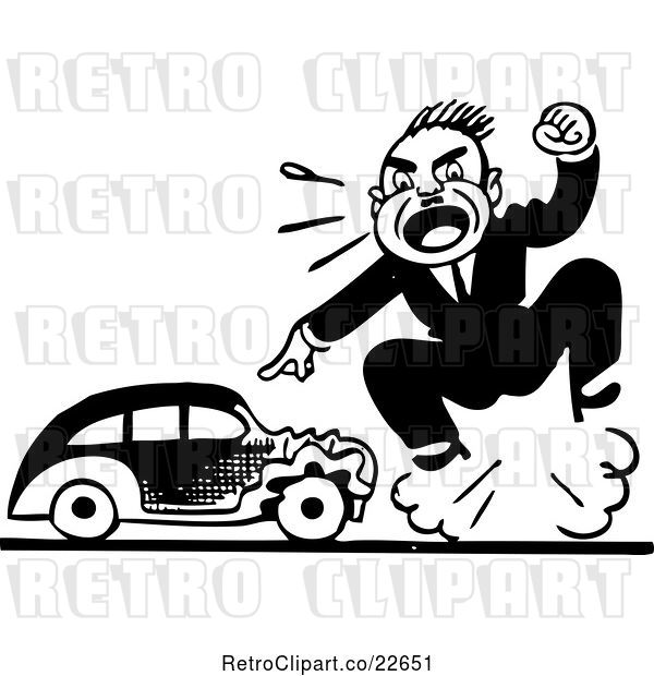 Vector Clip Art of Retro Guy Screaming by a Wrecked a Car