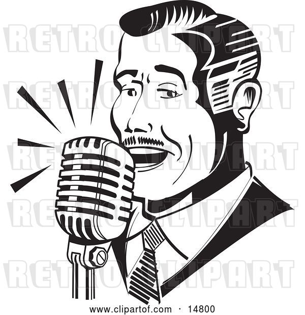 Vector Clip Art of Retro Guy Singing or Announcing into a Microphone