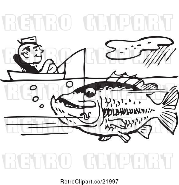 Vector Clip Art of Retro Guy Sitting in a Boat and Catching a Giant Fish