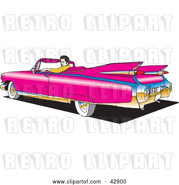 Vector Clip Art of Retro Guy Sitting in His Pink Convertible Cadillac