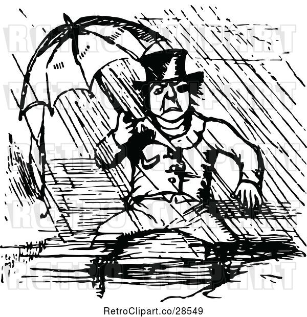 Vector Clip Art of Retro Guy Sitting in the Rain Under an Umbrella