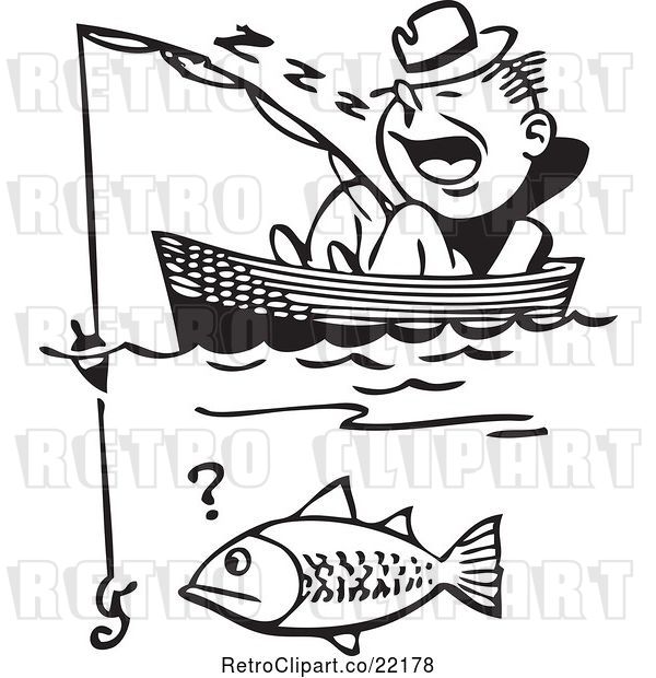 Vector Clip Art of Retro Guy Sleeping in a Boat and Catching a Fish