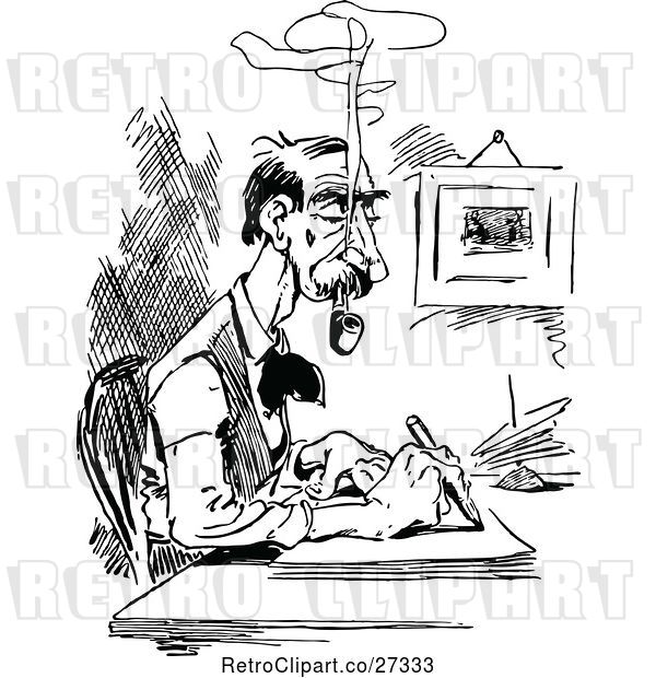 Vector Clip Art of Retro Guy Smoking a Pipe and Writing at a Desk