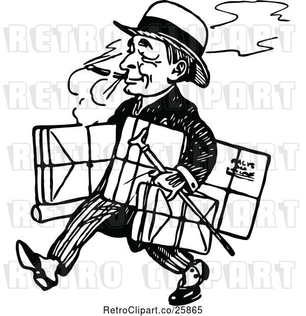 Vector Clip Art of Retro Guy Smoking and Walking with Parcels