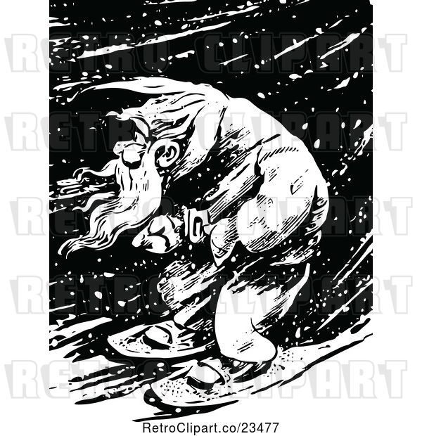 Vector Clip Art of Retro Guy Snowshoeing Through a Winter Night