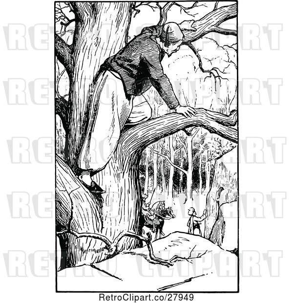 Vector Clip Art of Retro Guy Spying in a Tree