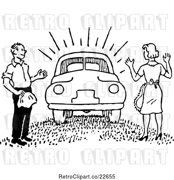 Vector Clip Art of Retro Guy Surprising a Lady with a New Car