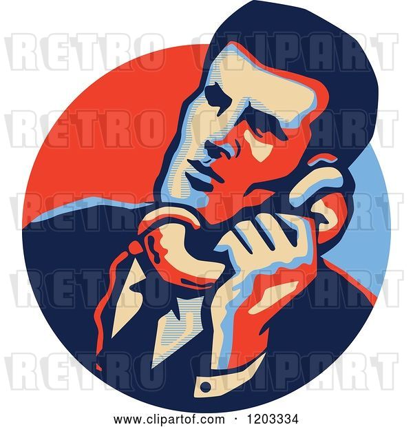 Vector Clip Art of Retro Guy Talking on a Telephone in a Blue and Red Circle