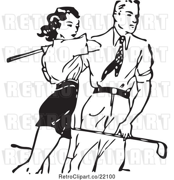 Vector Clip Art of Retro Guy Teaching a Lady to Golf