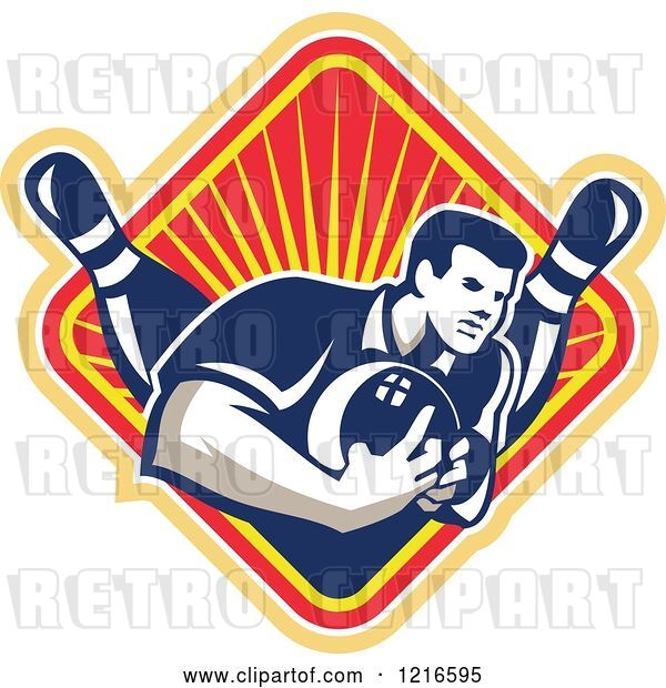 Vector Clip Art of Retro Guy Ten Pin Bowling in a Diamond of Rays