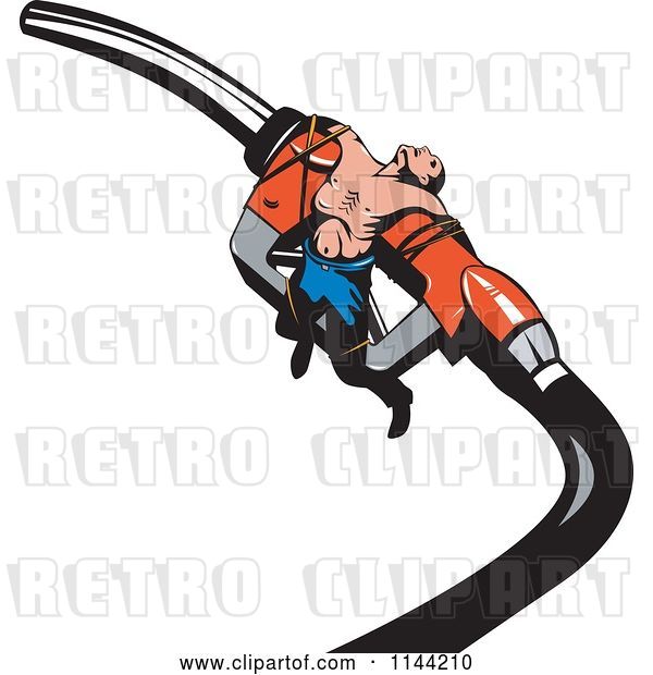 Vector Clip Art of Retro Guy Tied to a Gas Station Pump Nozzle
