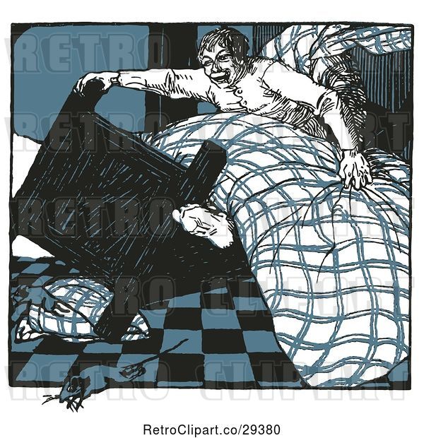 Vector Clip Art of Retro Guy Tipping His Bed and a Mouse Running