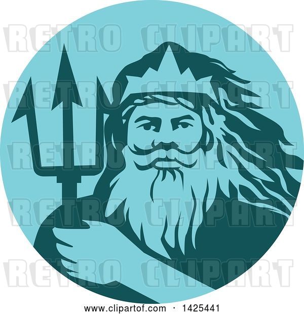 Vector Clip Art of Retro Guy, Triton Mythological God, Holding a Trident in a Blue and Teal Circle