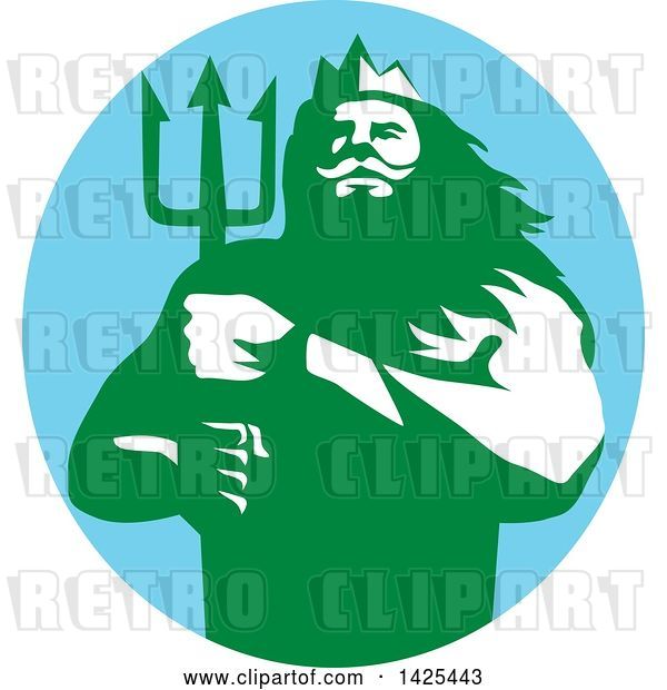 Vector Clip Art of Retro Guy, Triton Mythological God, Holding a Trident in a Blue Green and White Circle