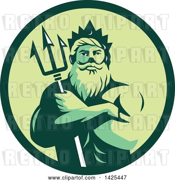 Vector Clip Art of Retro Guy, Triton Mythological God, Holding a Trident in Folded Arms Inside a Green Circle