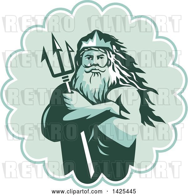Vector Clip Art of Retro Guy, Triton Mythological God, Holding a Trident in Folded Arms Inside a Rosette