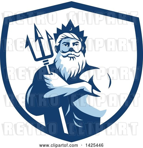 Vector Clip Art of Retro Guy, Triton Mythological God, Holding a Trident in Folded Arms Inside a White and Blue Shield