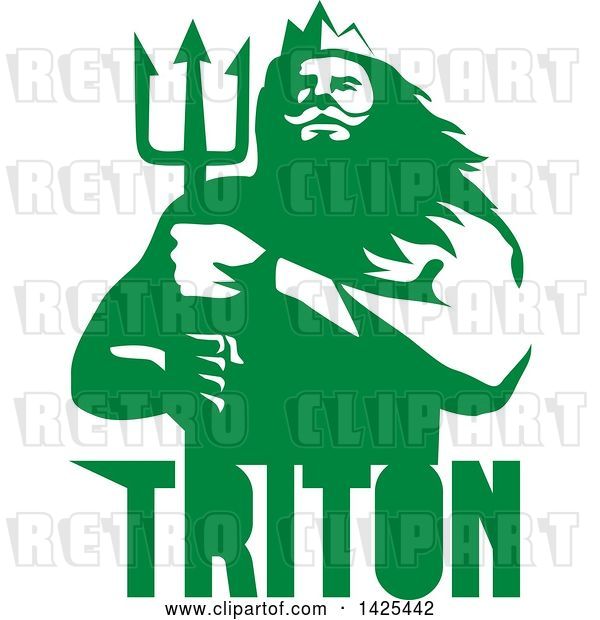 Vector Clip Art of Retro Guy, Triton Mythological God, Holding a Trident, in Green and White over Text