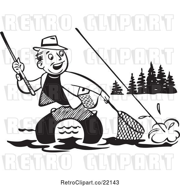 Vector Clip Art of Retro Guy Wading and Trying to Get His Fish in a Net