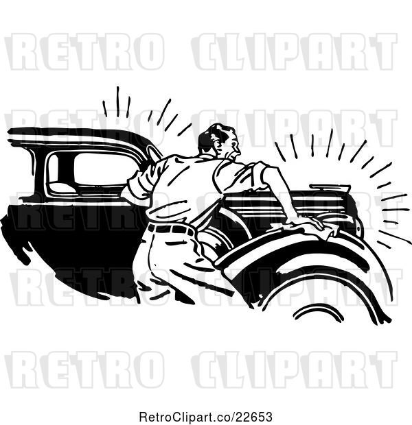 Vector Clip Art of Retro Guy Waxing a Car