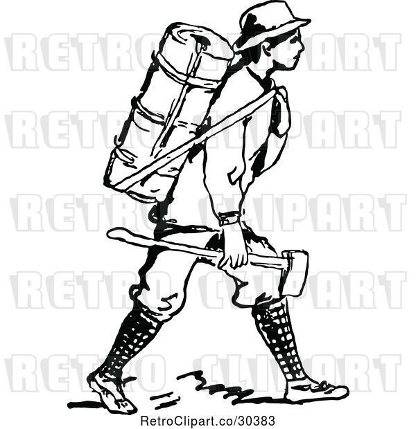 Vector Clip Art of Retro Guy with a Backpack and Axe