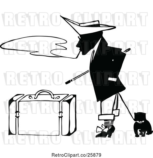 Vector Clip Art of Retro Guy with a Dog, Smoking by Luggage