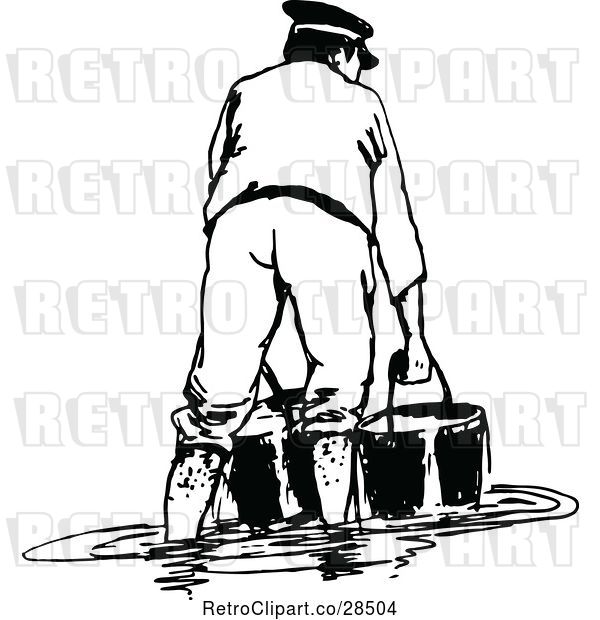 Vector Clip Art of Retro Guy with Buckets in a Flood