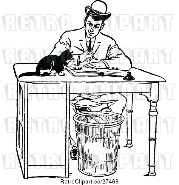 Vector Clip Art of Retro Guy Working at a Desk with a Cat