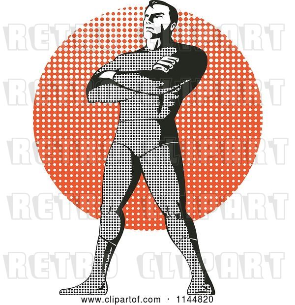 Vector Clip Art of Retro Halftone Male Superhero Standing over a Halftone Circle