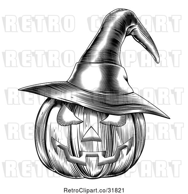 Vector Clip Art of Retro Halloween Woodcut Jackolantern Pumpkin Wearing a Witch Hat 2