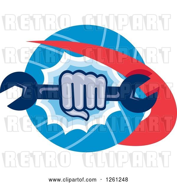 Vector Clip Art of Retro Hand Breaking Through a Circle with a Spanner Wrench