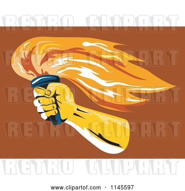 Vector Clip Art of Retro Hand Holding a Flaming Torch on Brown