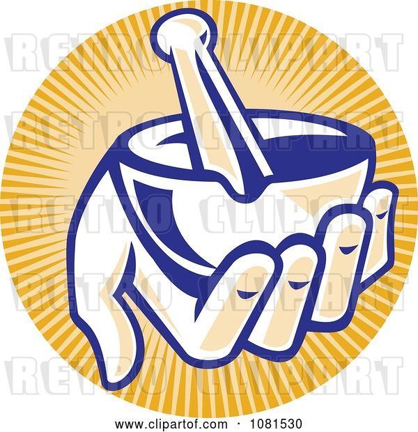 Vector Clip Art of Retro Hand Holding a Mortar and Pestle over Orange Rays
