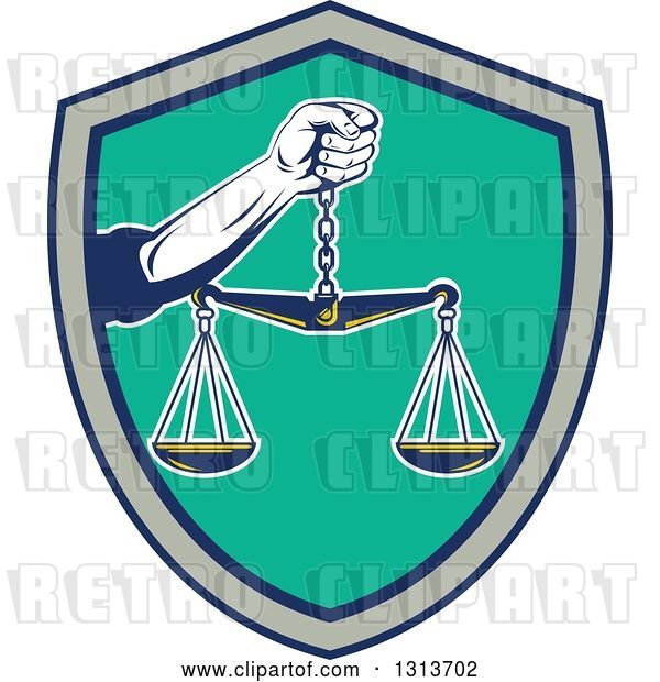 Vector Clip Art of Retro Hand Holding Scales of Justice in a Black Gray and Turquoise Shield