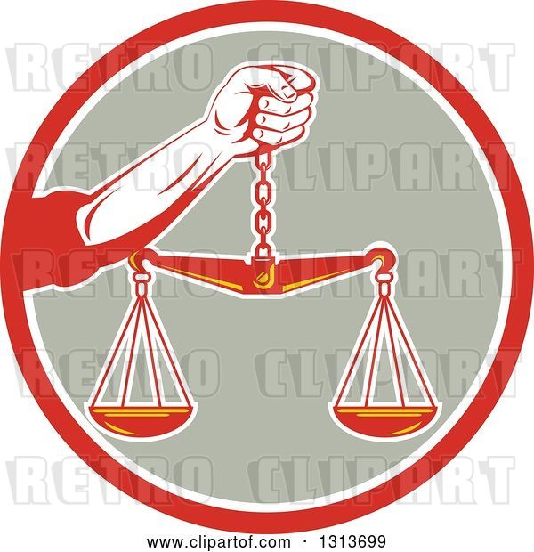 Vector Clip Art of Retro Hand Holding Scales of Justice in a Red White and Taupe Circle