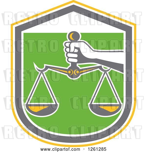Vector Clip Art of Retro Hand Holding Scales of Justice in a Yellow White Gray and Green Shield