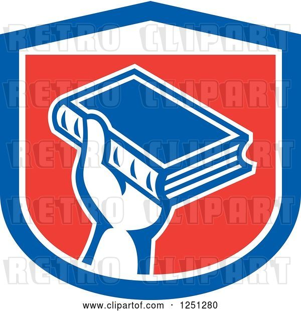 Vector Clip Art of Retro Hand Holding up a Book in a Red White and Blue Shield
