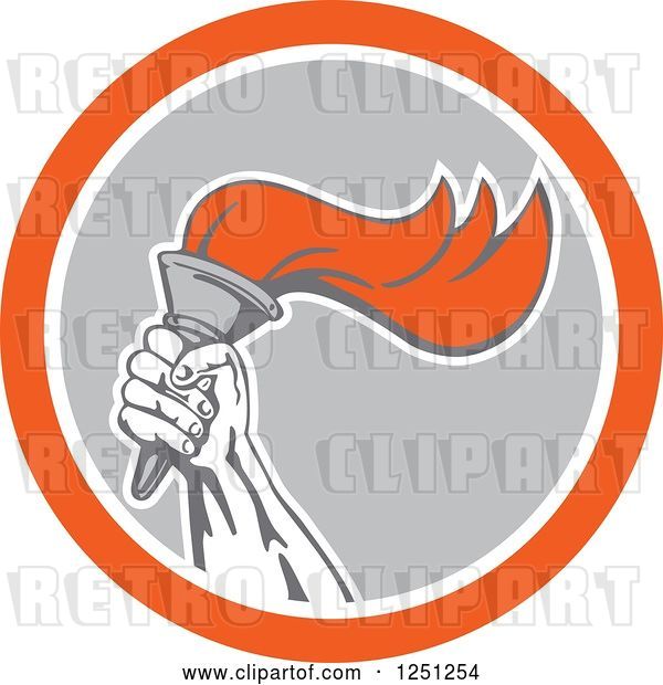 Vector Clip Art of Retro Hand Holding up a Flaming Torch in a Gray White and Orange Circle