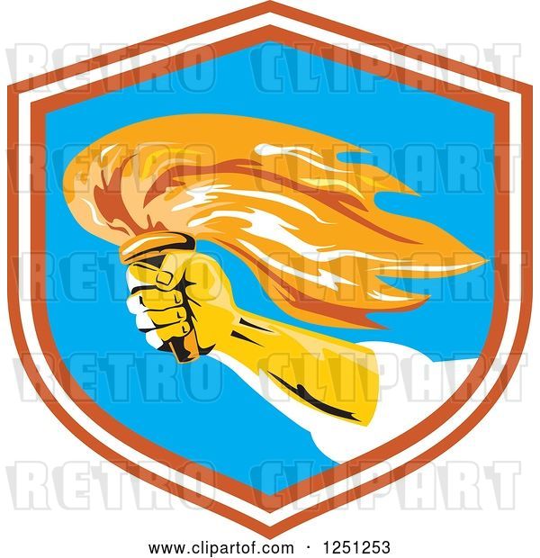 Vector Clip Art of Retro Hand Holding up a Flaming Torch in a Shield