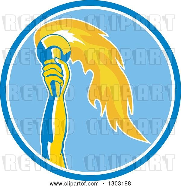 Vector Clip Art of Retro Hand Holding up a Torch in a Blue and White Circle