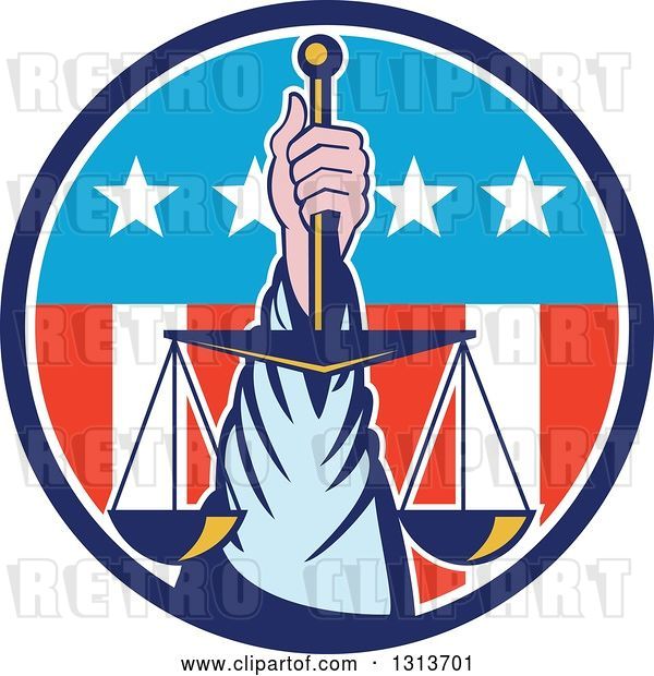 Vector Clip Art of Retro Hand Holding up Scales of Justice in a Circle of American Stars and Stripes
