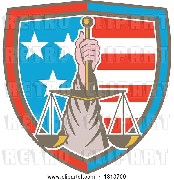 Vector Clip Art of Retro Hand Holding up Scales of Justice in a Shield of American Stars and Stripes