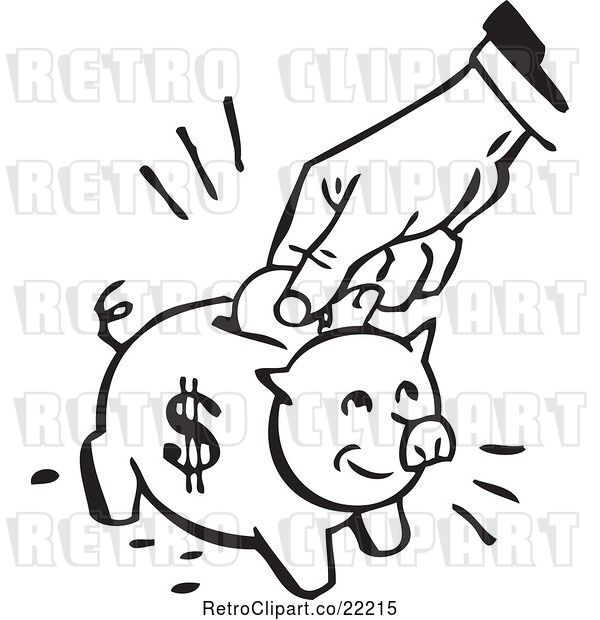 Vector Clip Art of Retro Hand Inserting a Coin into a Piggy Bank