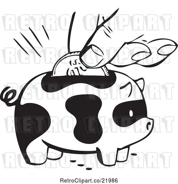 Vector Clip Art of Retro Hand Inserting a Coin into a Spotted Piggy Bank