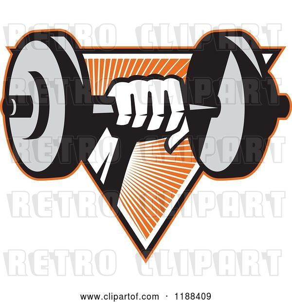 Vector Clip Art of Retro Hand Lifting a Dumbbell over a Triangle of Orange Rays